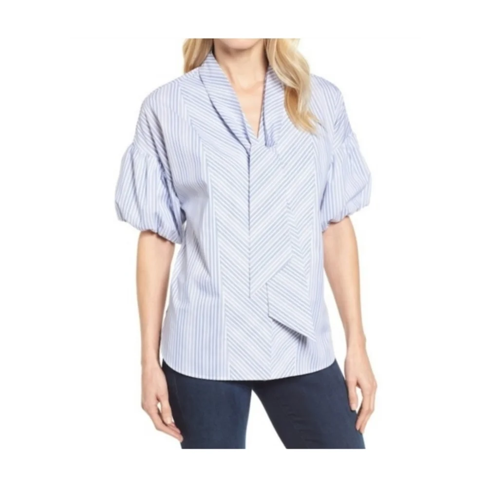 Halogen Blue & White Stripe Balloon Puff Sleeve Blouse Size Large